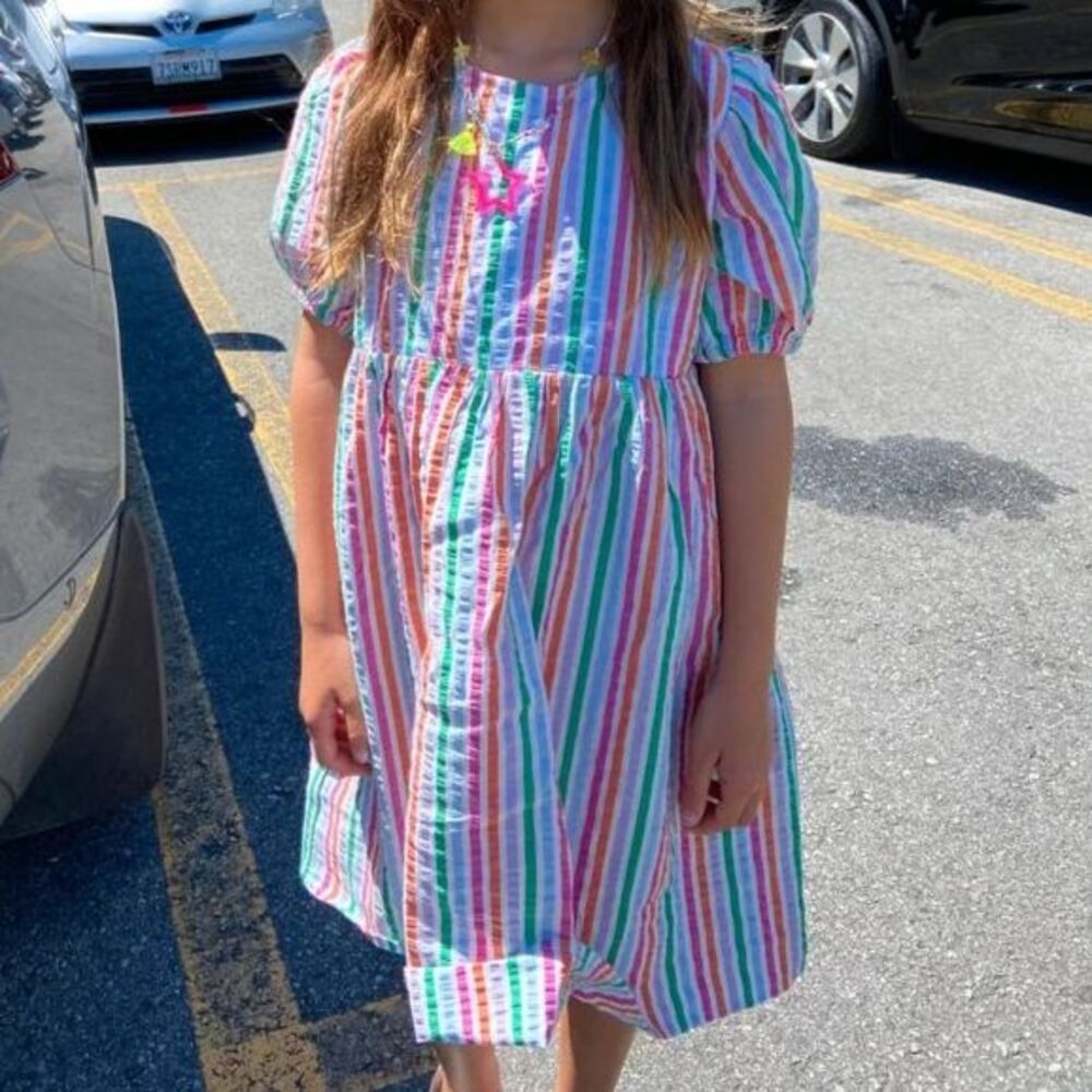 Cotton On Kids Girls Rainbow Striped Puff-Sleeve Dress - Size 9-10Y
